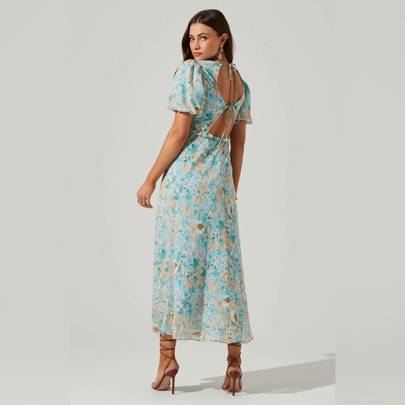 NWOT ASTR THE LABEL ESPERANZA FLORAL PUFF MIDI DRESS - BLUE PEACH FLORAL - Picture 4 of 7